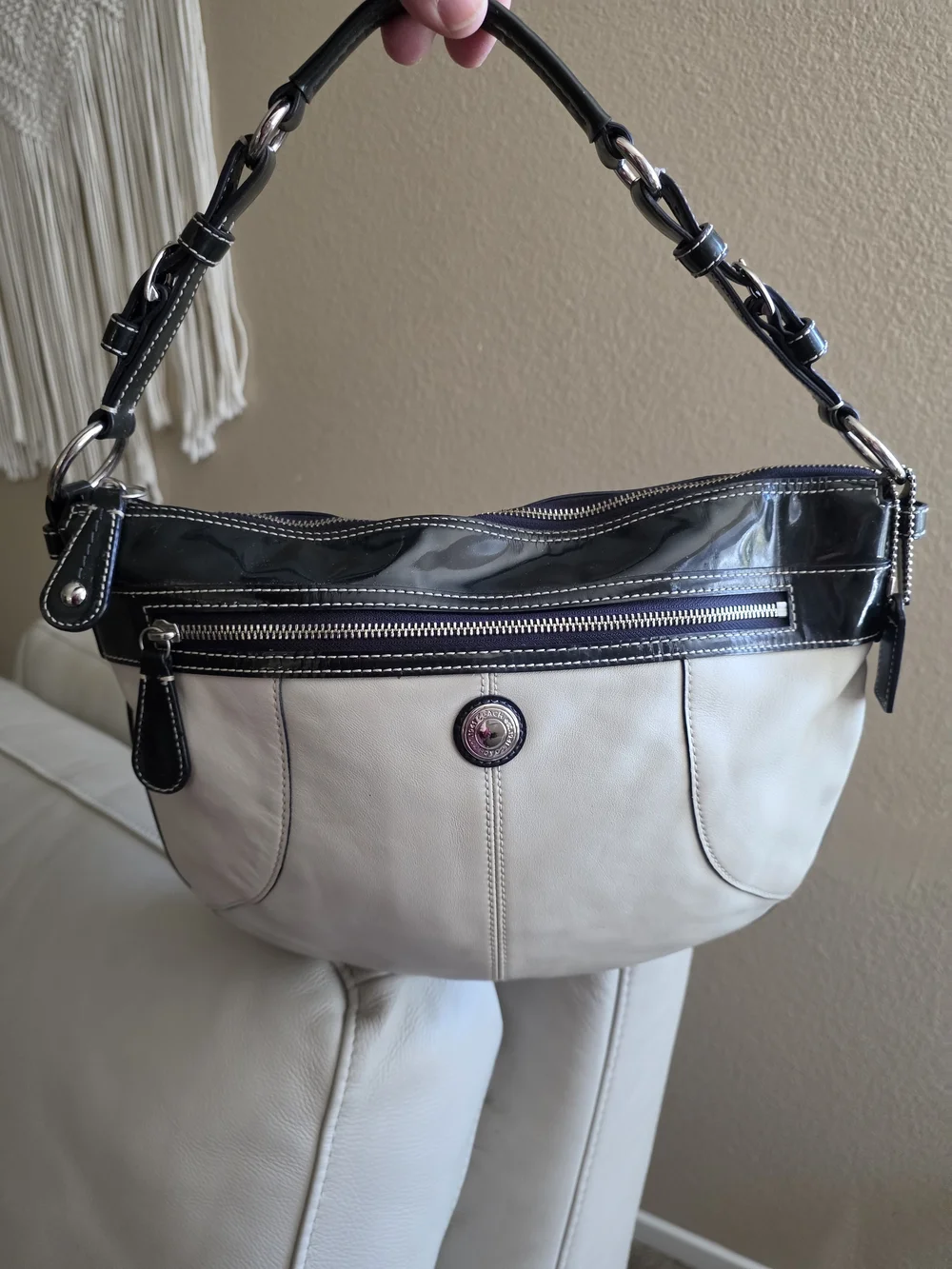 Coach Cream and Black Shoulder Bag with Patent Trim